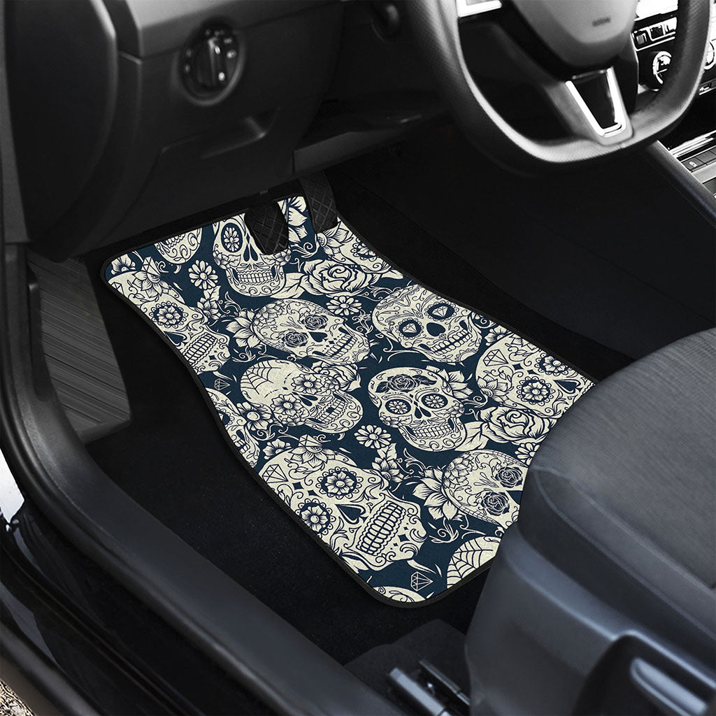 White Floral Sugar Skull Pattern Print Front and Back Car Floor Mats