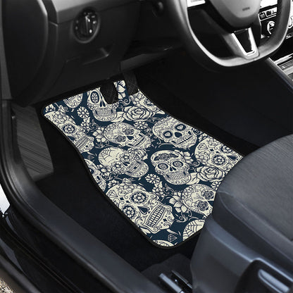 White Floral Sugar Skull Pattern Print Front and Back Car Floor Mats