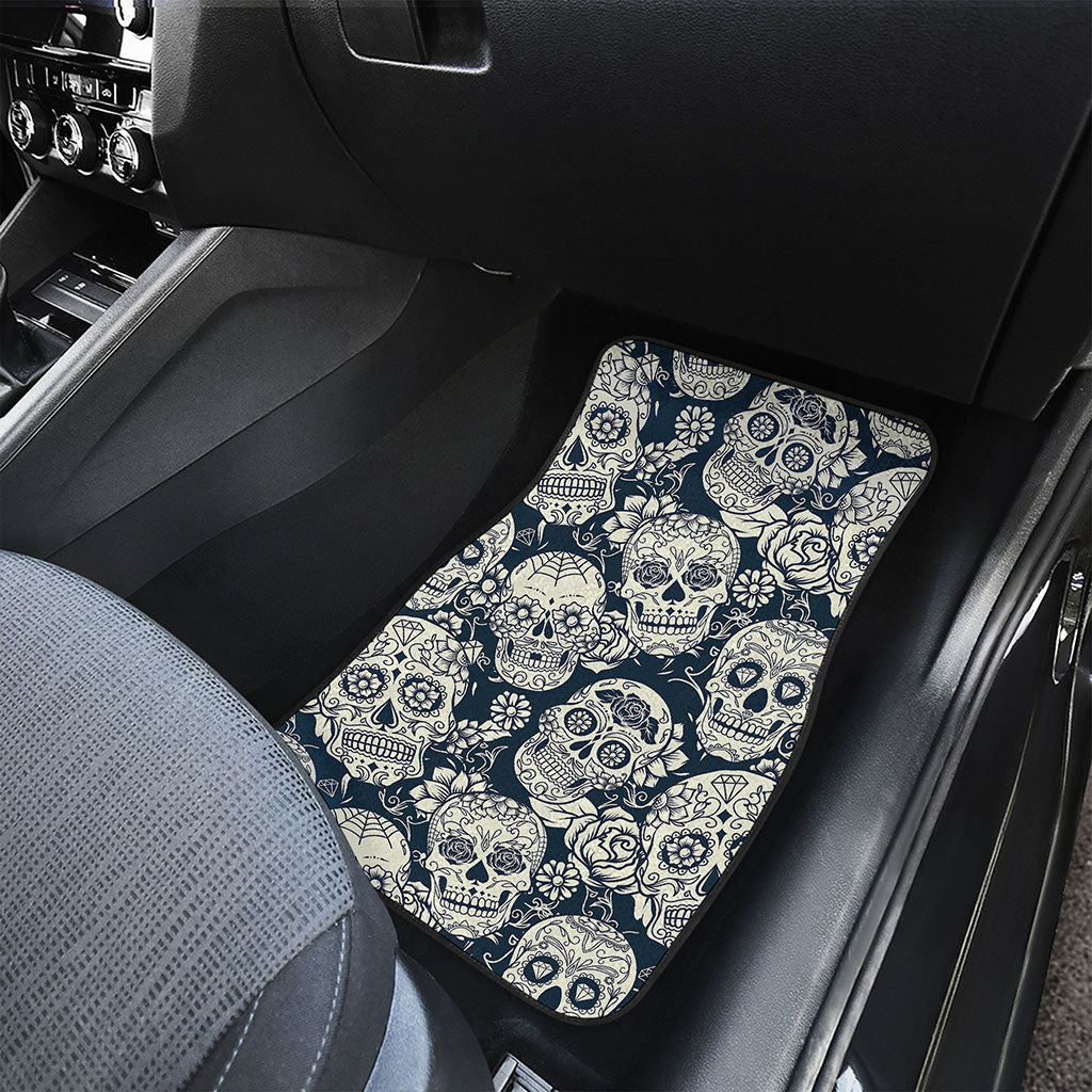 White Floral Sugar Skull Pattern Print Front and Back Car Floor Mats