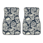 White Floral Sugar Skull Pattern Print Front Car Floor Mats