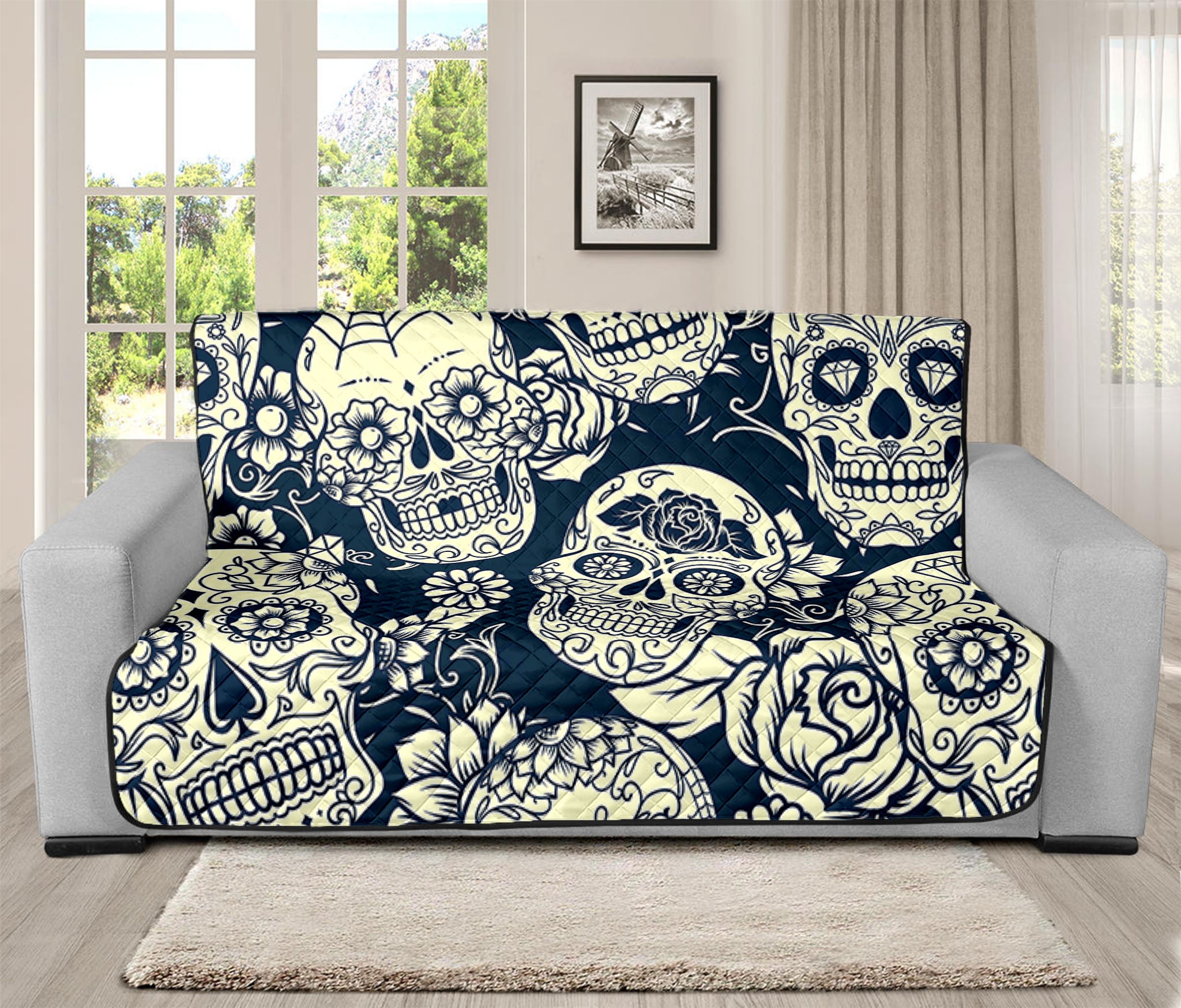 White Floral Sugar Skull Pattern Print Futon Protector