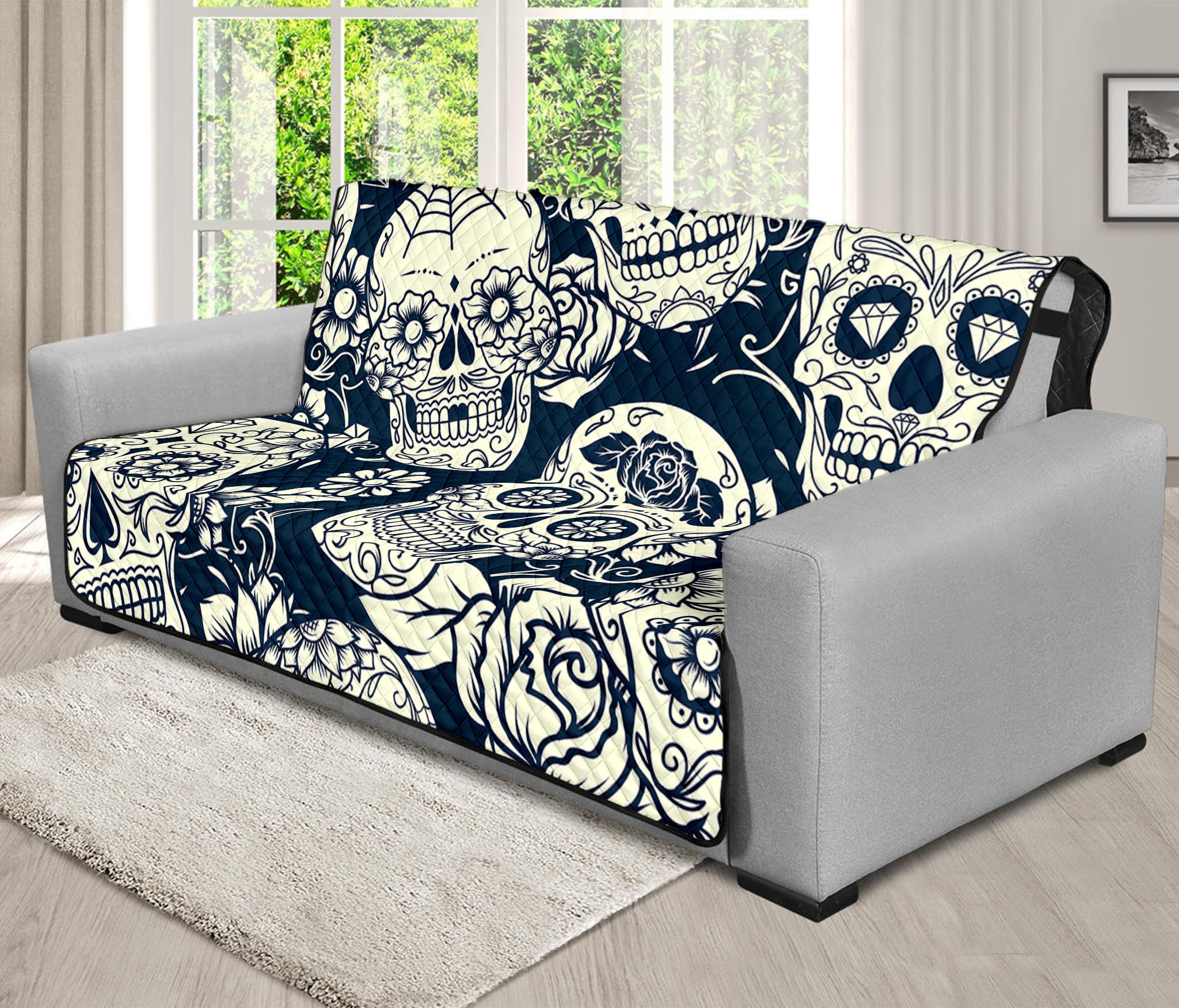 White Floral Sugar Skull Pattern Print Futon Protector