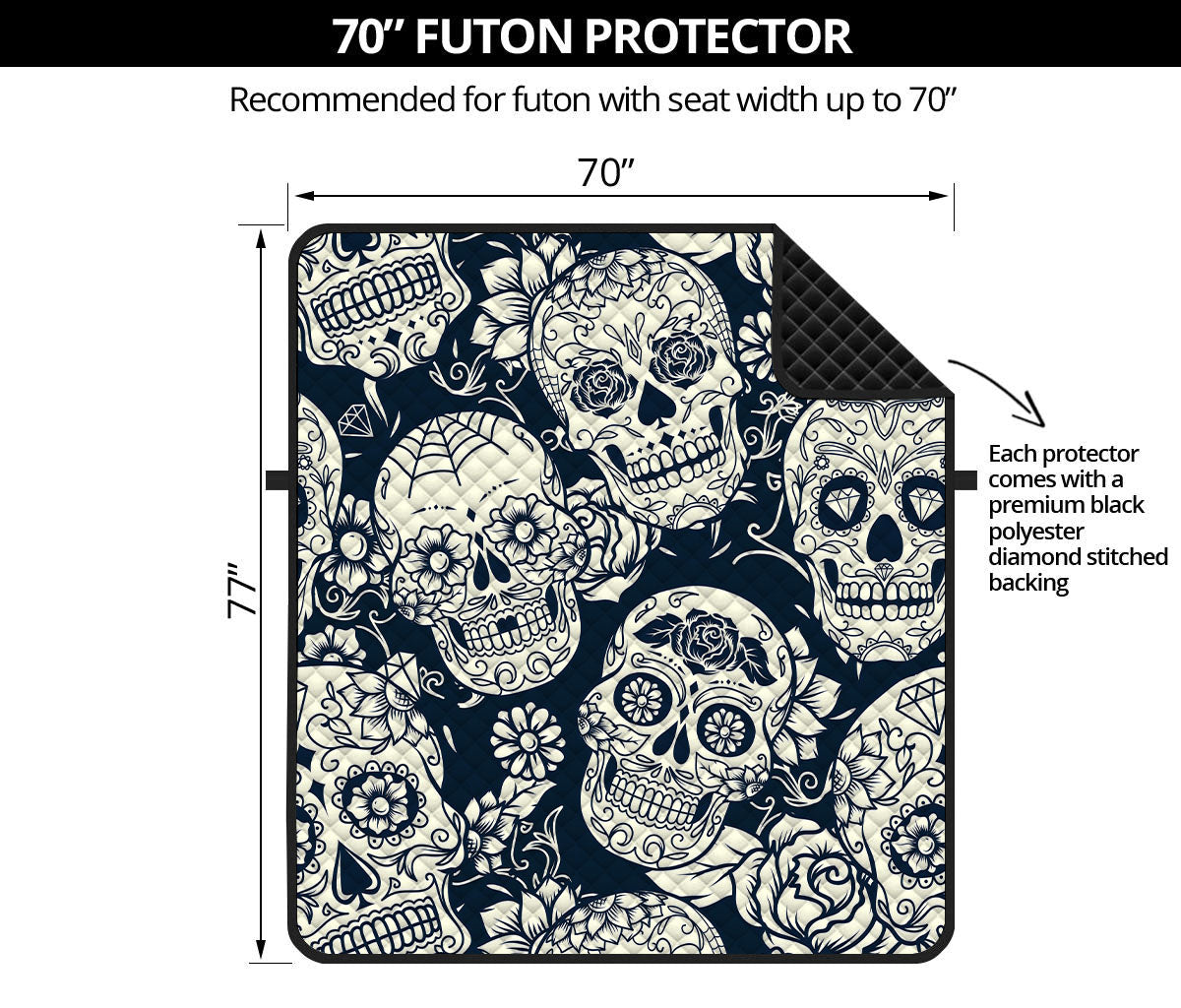 White Floral Sugar Skull Pattern Print Futon Protector