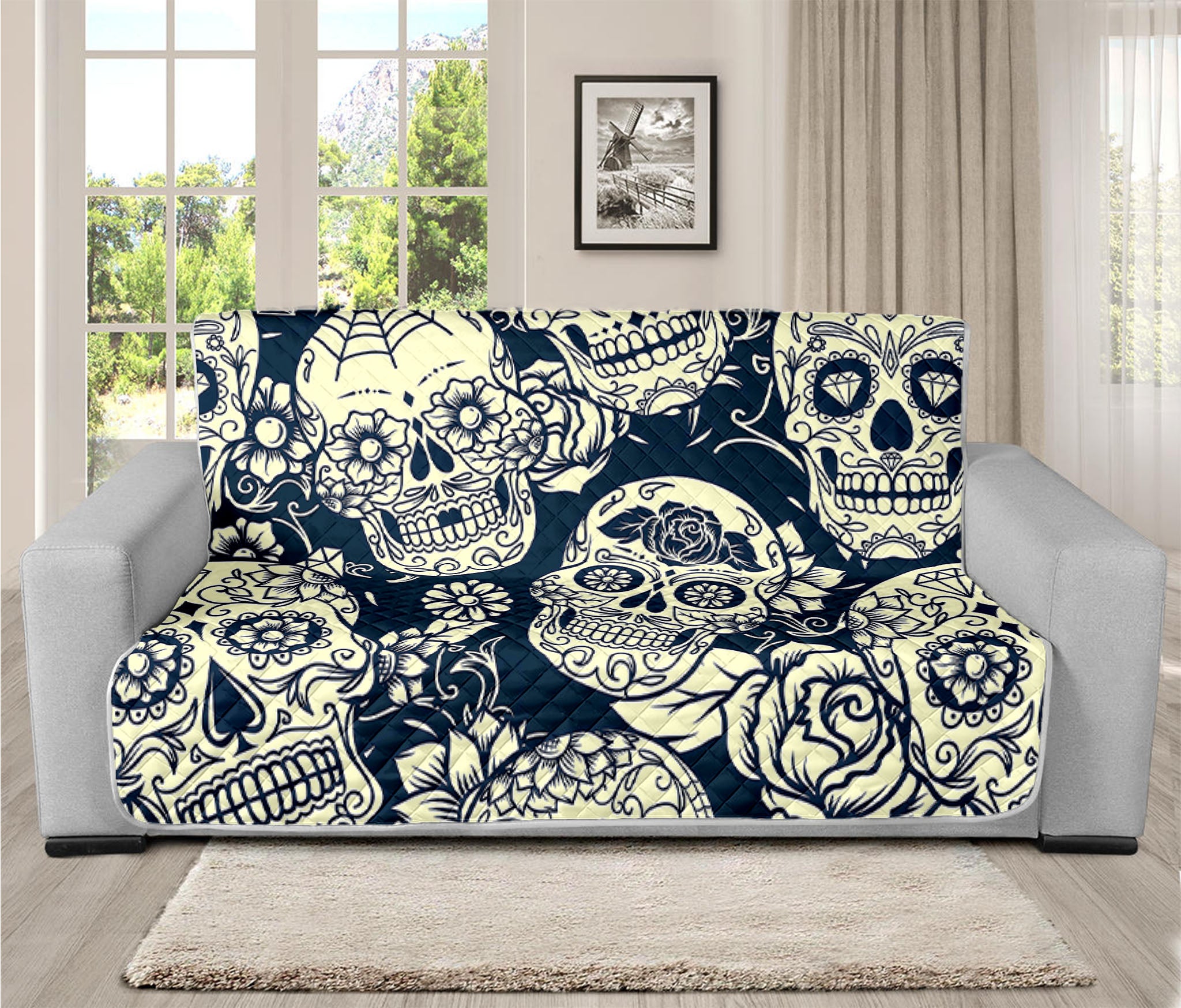 White Floral Sugar Skull Pattern Print Futon Protector