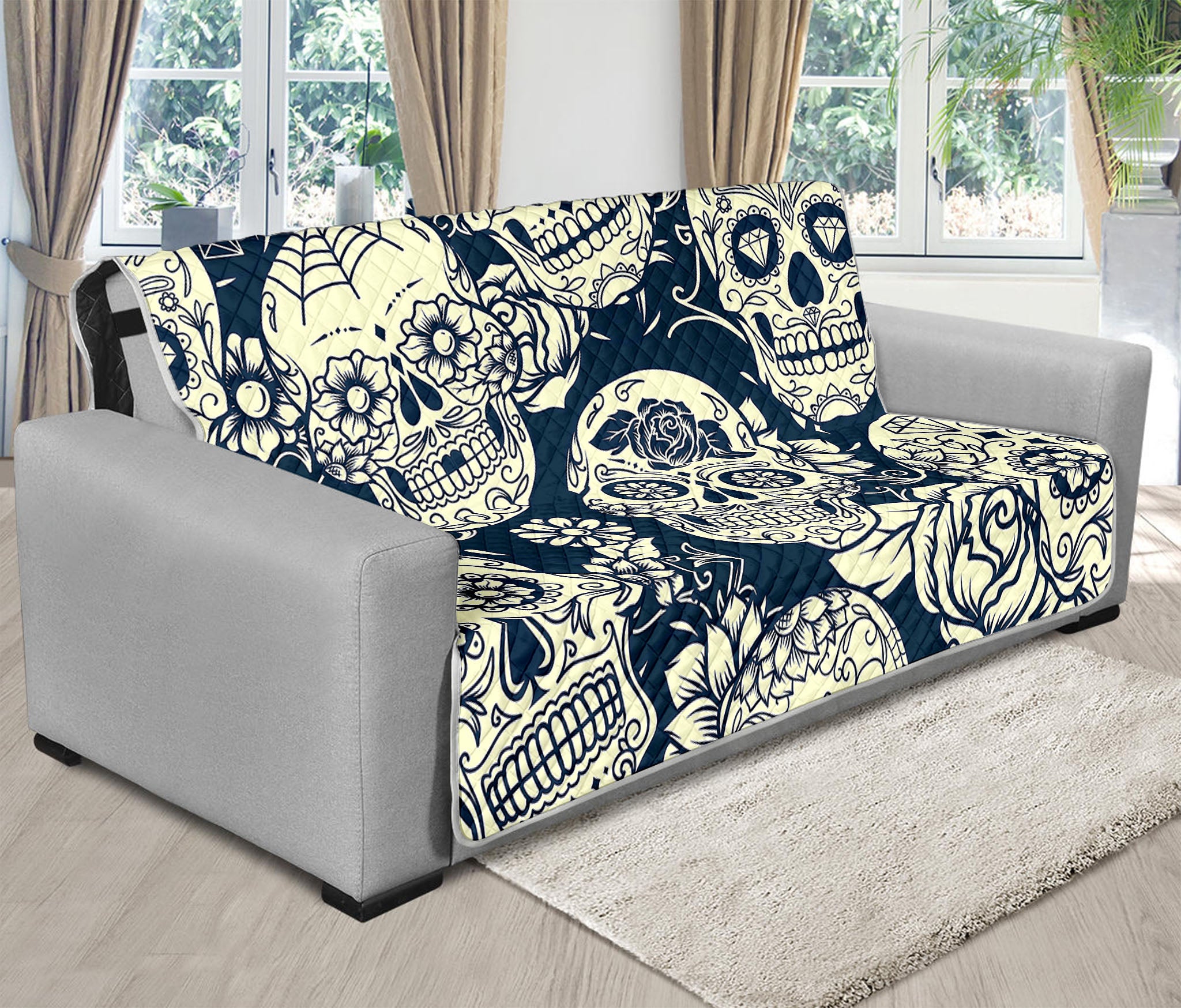 White Floral Sugar Skull Pattern Print Futon Protector