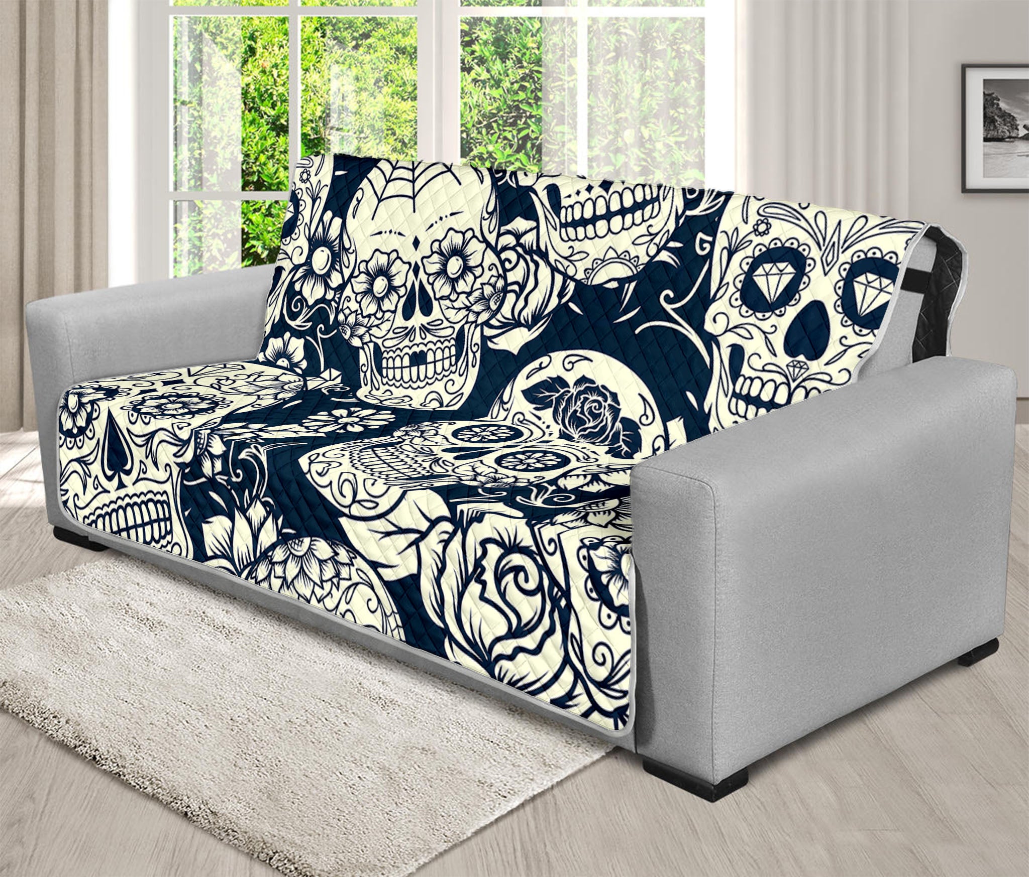 White Floral Sugar Skull Pattern Print Futon Protector