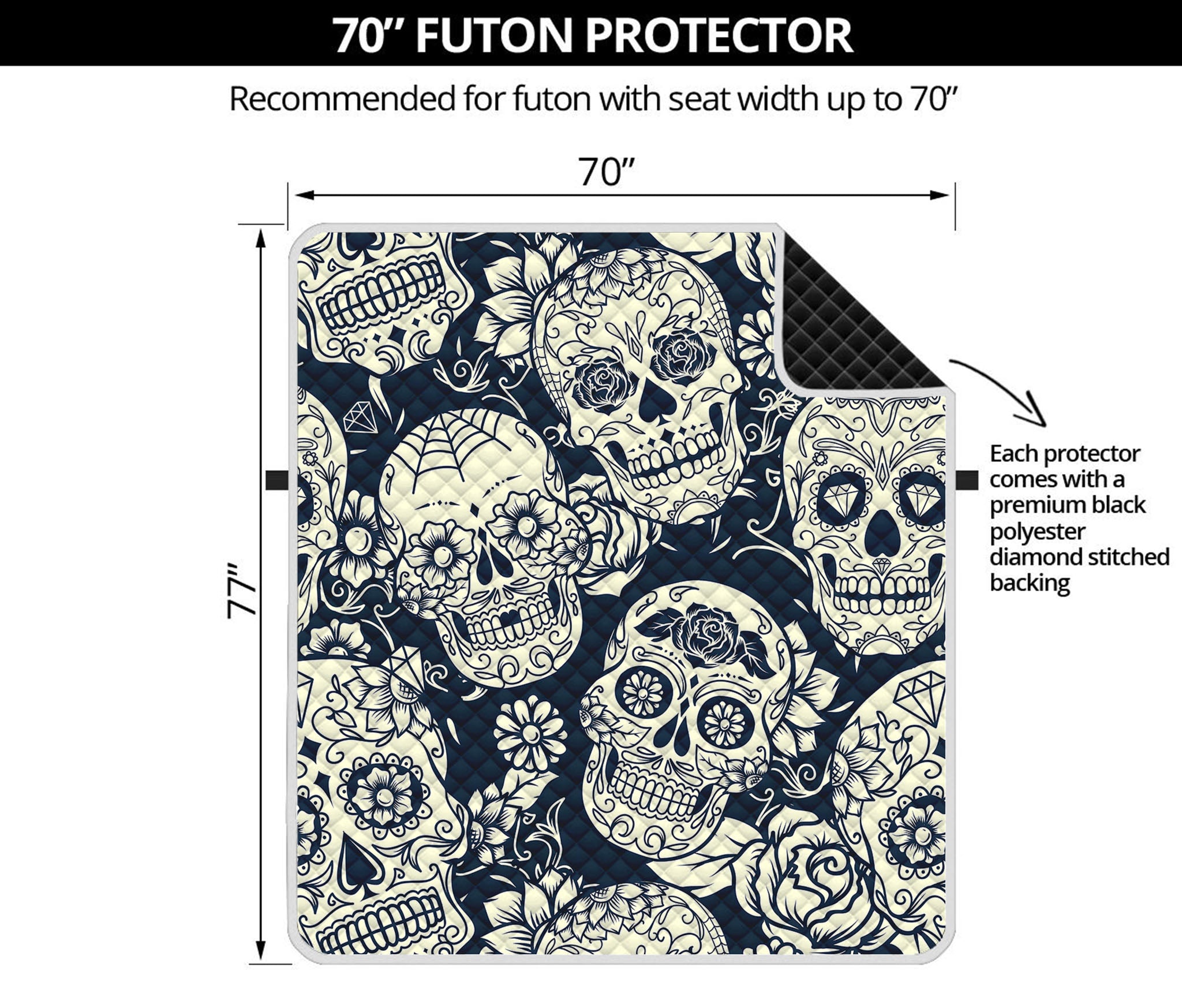 White Floral Sugar Skull Pattern Print Futon Protector