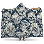 White Floral Sugar Skull Pattern Print Hooded Blanket