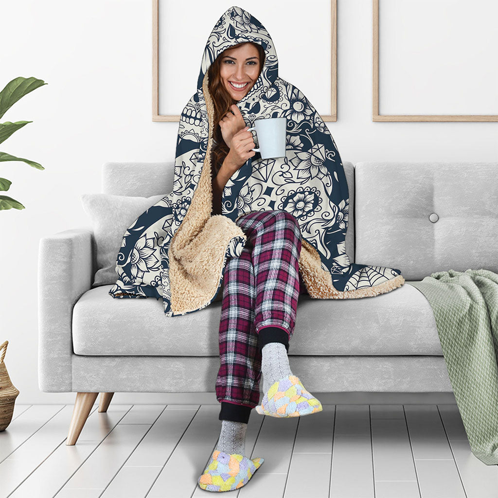 White Floral Sugar Skull Pattern Print Hooded Blanket