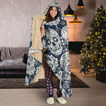 White Floral Sugar Skull Pattern Print Hooded Blanket