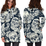 White Floral Sugar Skull Pattern Print Hoodie Dress GearFrost