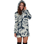 White Floral Sugar Skull Pattern Print Hoodie Dress GearFrost