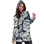 White Floral Sugar Skull Pattern Print Hoodie Dress GearFrost