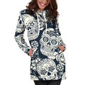 White Floral Sugar Skull Pattern Print Pullover Hoodie Dress