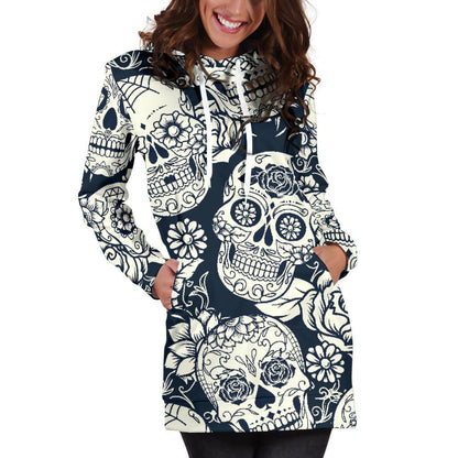 White Floral Sugar Skull Pattern Print Hoodie Dress GearFrost