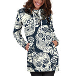 White Floral Sugar Skull Pattern Print Hoodie Dress GearFrost