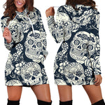 White Floral Sugar Skull Pattern Print Hoodie Dress GearFrost