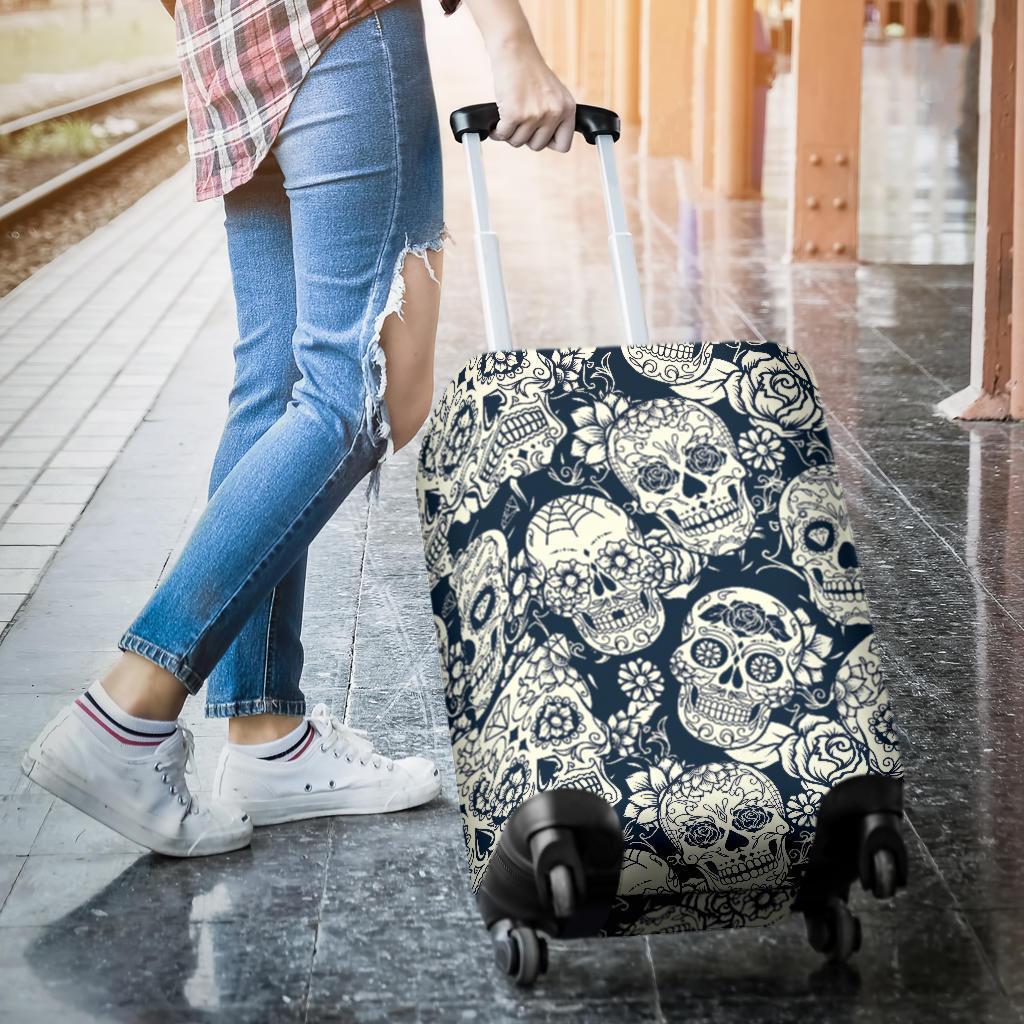 White Floral Sugar Skull Pattern Print Luggage Cover GearFrost
