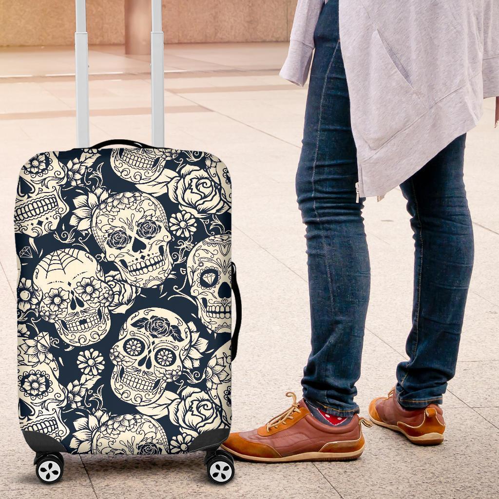 White Floral Sugar Skull Pattern Print Luggage Cover GearFrost