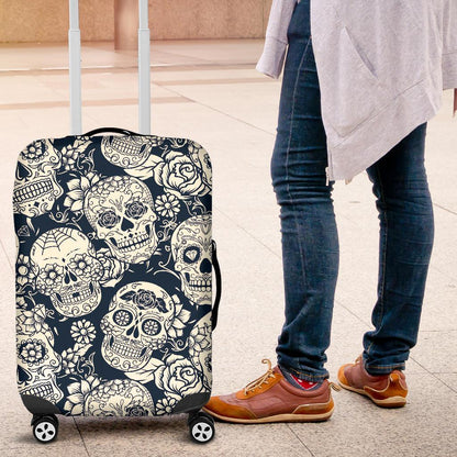 White Floral Sugar Skull Pattern Print Luggage Cover GearFrost