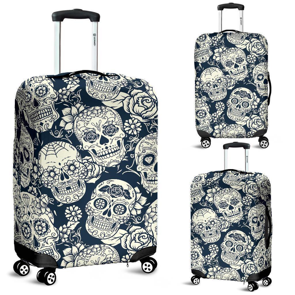 White Floral Sugar Skull Pattern Print Luggage Cover GearFrost