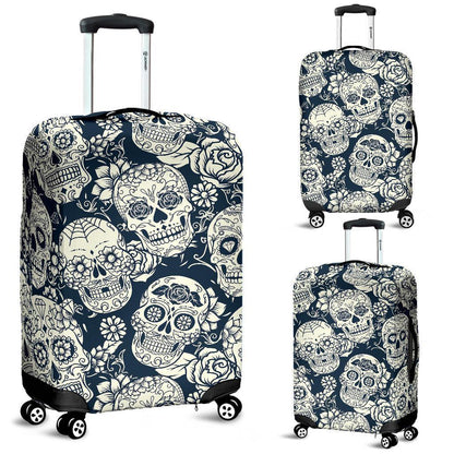 White Floral Sugar Skull Pattern Print Luggage Cover GearFrost