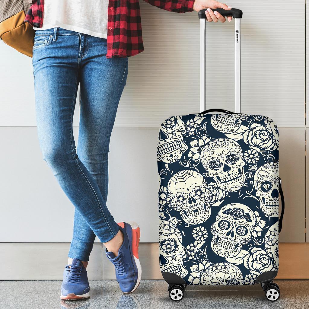 White Floral Sugar Skull Pattern Print Luggage Cover GearFrost