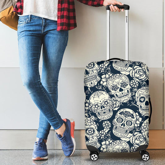 White Floral Sugar Skull Pattern Print Luggage Cover GearFrost