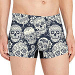 White Floral Sugar Skull Pattern Print Men's Boxer Briefs