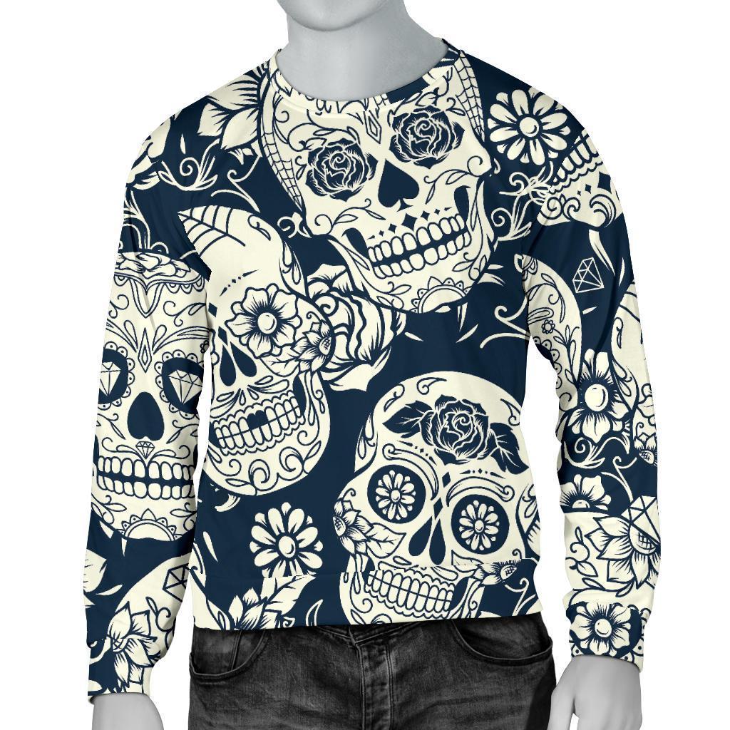 White Floral Sugar Skull Pattern Print Men's Crewneck Sweatshirt GearFrost
