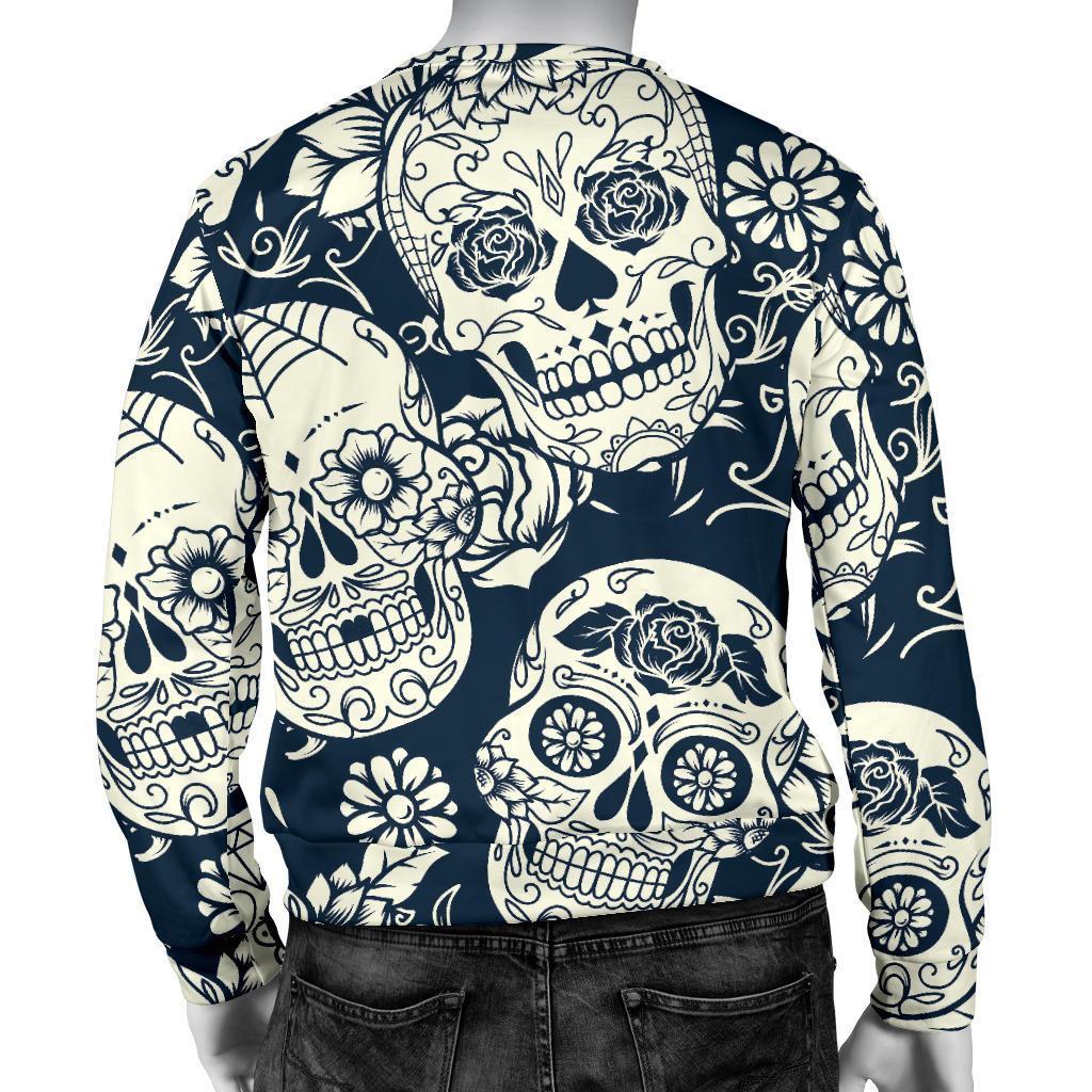 White Floral Sugar Skull Pattern Print Men's Crewneck Sweatshirt GearFrost