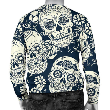 White Floral Sugar Skull Pattern Print Men's Crewneck Sweatshirt GearFrost