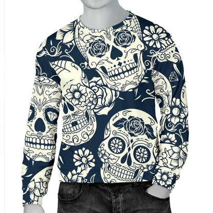 White Floral Sugar Skull Pattern Print Men's Crewneck Sweatshirt GearFrost