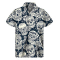 White Floral Sugar Skull Pattern Print Men's Short Sleeve Shirt