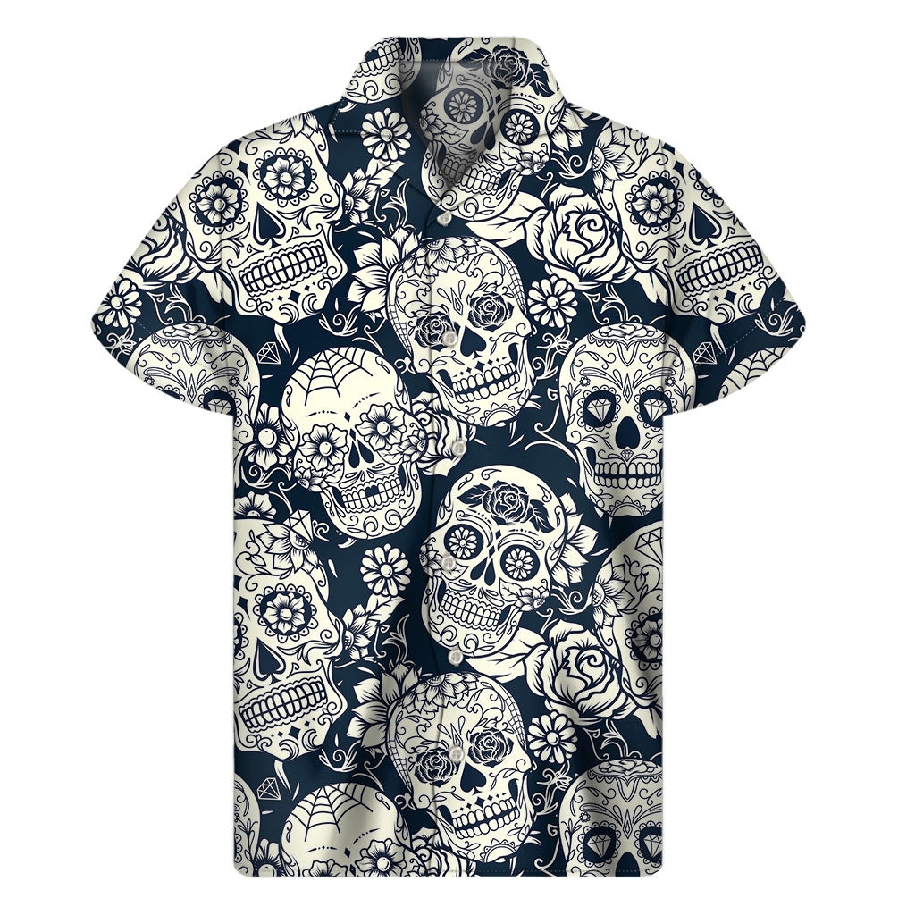 White Floral Sugar Skull Pattern Print Men's Short Sleeve Shirt
