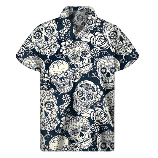 White Floral Sugar Skull Pattern Print Men's Short Sleeve Shirt