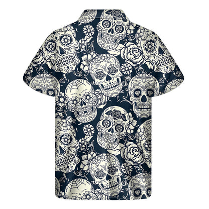 White Floral Sugar Skull Pattern Print Men's Short Sleeve Shirt