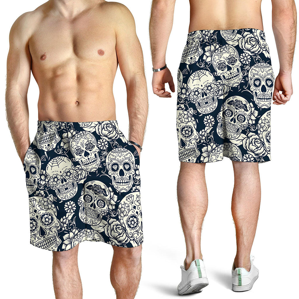 White Floral Sugar Skull Pattern Print Men's Shorts