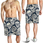 White Floral Sugar Skull Pattern Print Men's Shorts
