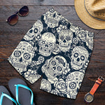 White Floral Sugar Skull Pattern Print Men's Shorts