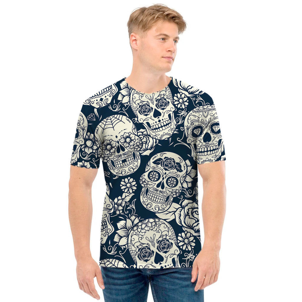 White Floral Sugar Skull Pattern Print Men's T-Shirt