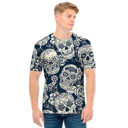White Floral Sugar Skull Pattern Print Men's T-Shirt