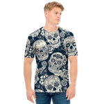 White Floral Sugar Skull Pattern Print Men's T-Shirt