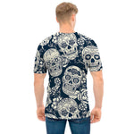White Floral Sugar Skull Pattern Print Men's T-Shirt