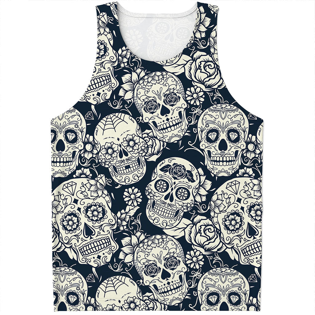 White Floral Sugar Skull Pattern Print Men's Tank Top
