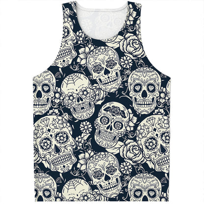 White Floral Sugar Skull Pattern Print Men's Tank Top
