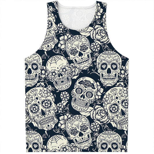White Floral Sugar Skull Pattern Print Men's Tank Top