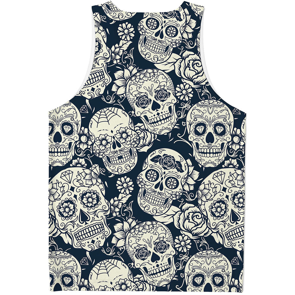 White Floral Sugar Skull Pattern Print Men's Tank Top