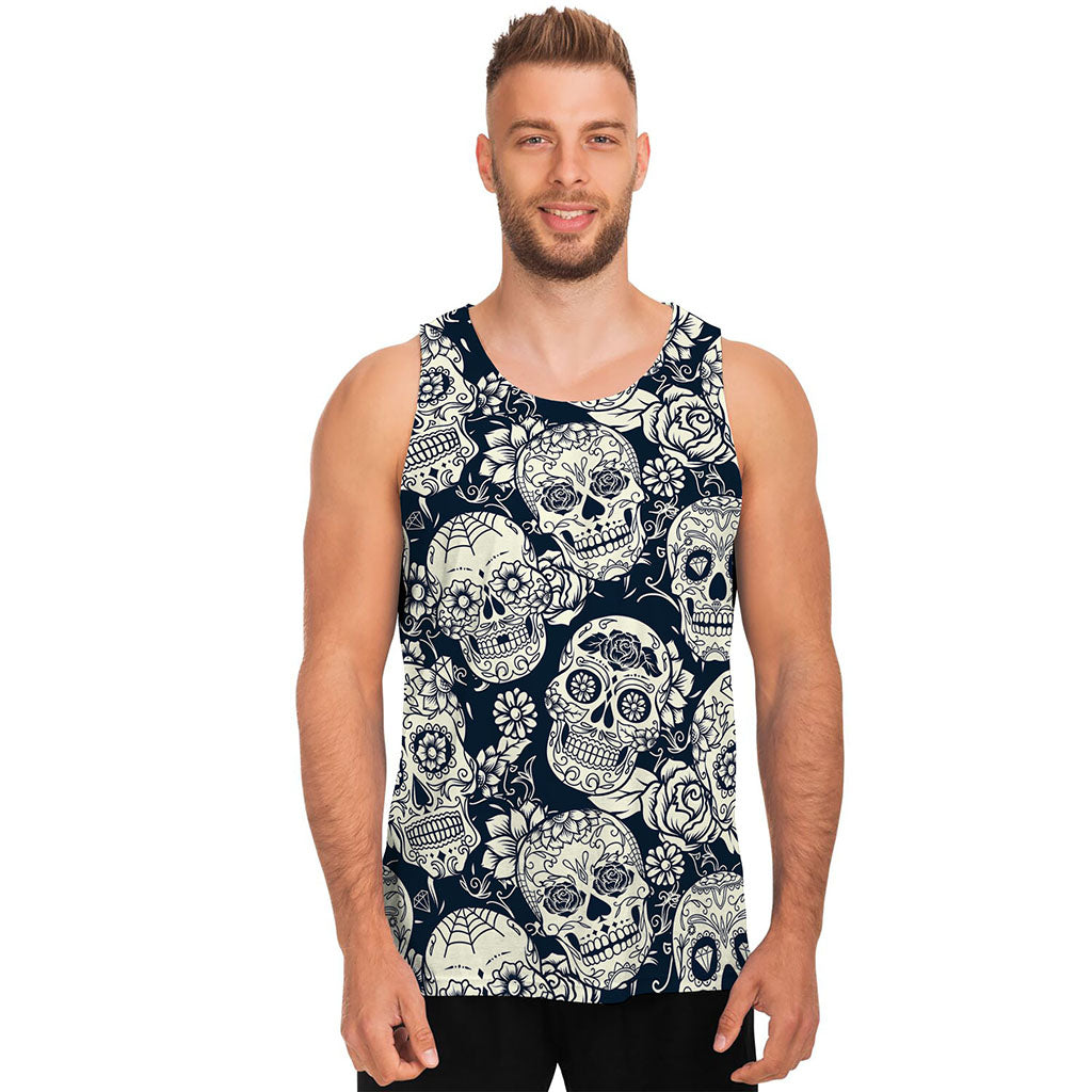 White Floral Sugar Skull Pattern Print Men's Tank Top