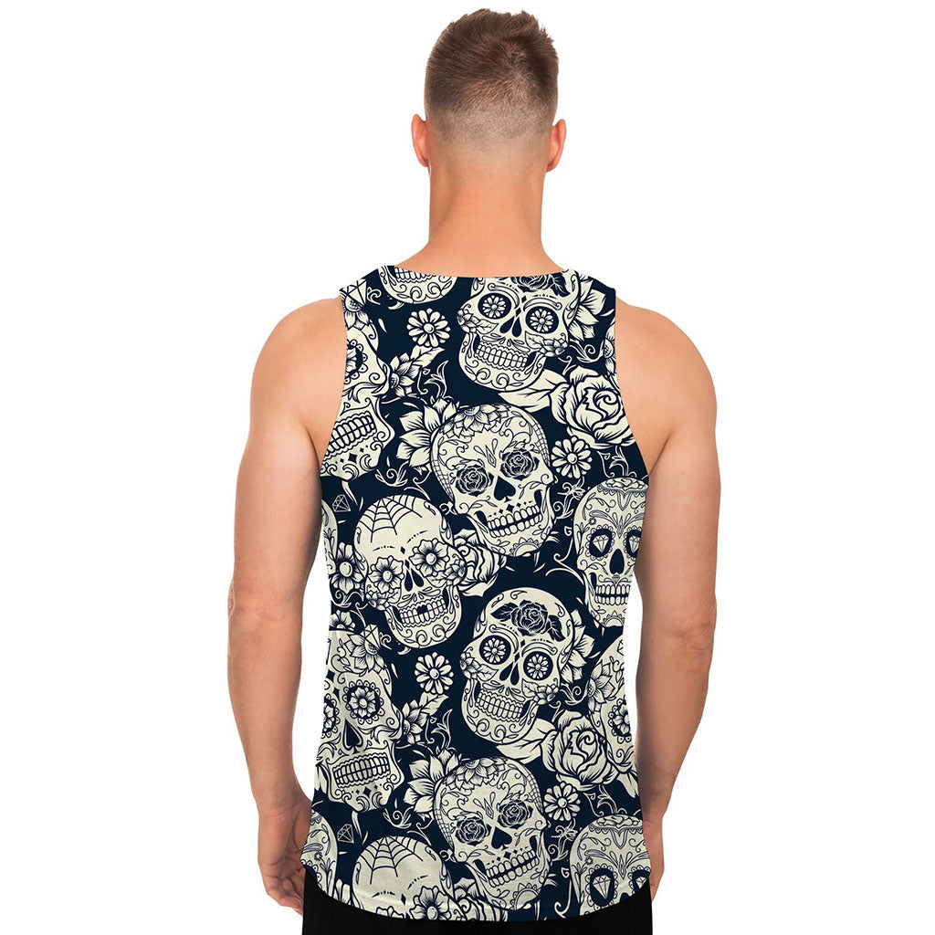 White Floral Sugar Skull Pattern Print Men's Tank Top